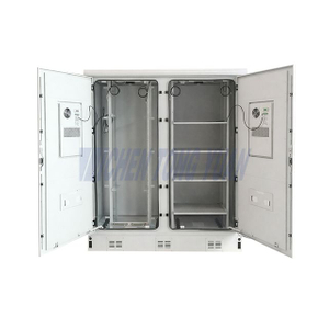 air conditioned field cabinet open door showing internal equipment mounting space