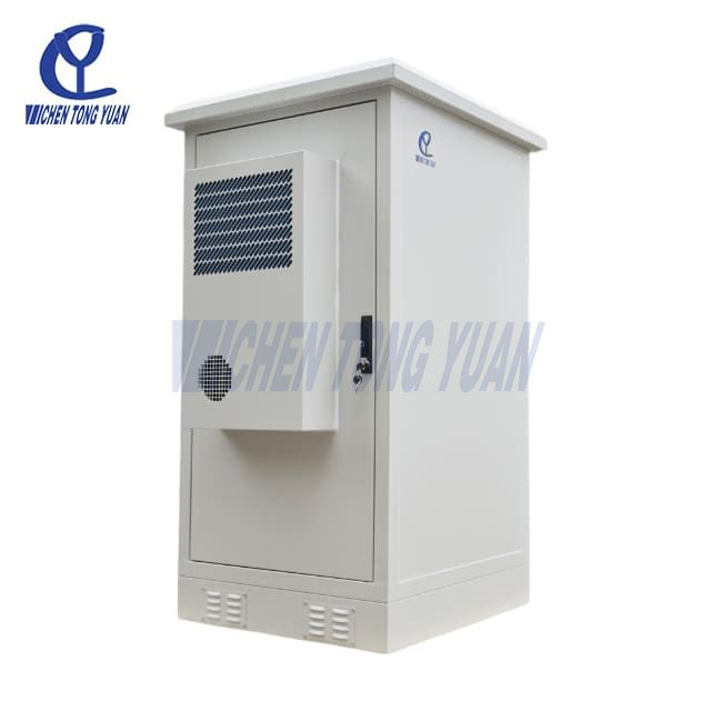 Outdoor network enclosure with weatherproof steel cabinet and lockable front door