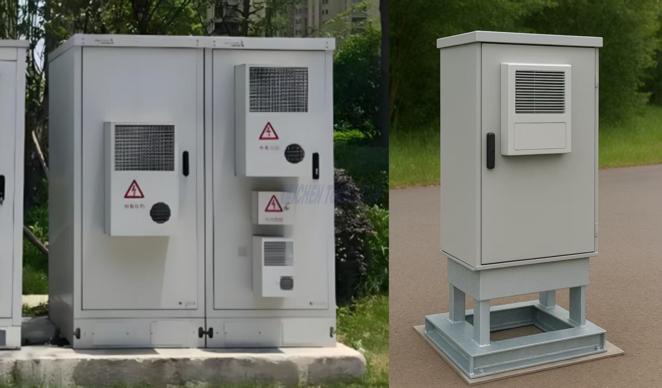 Concrete foundation & H-shaped or channel steel base of outdoor enclosure