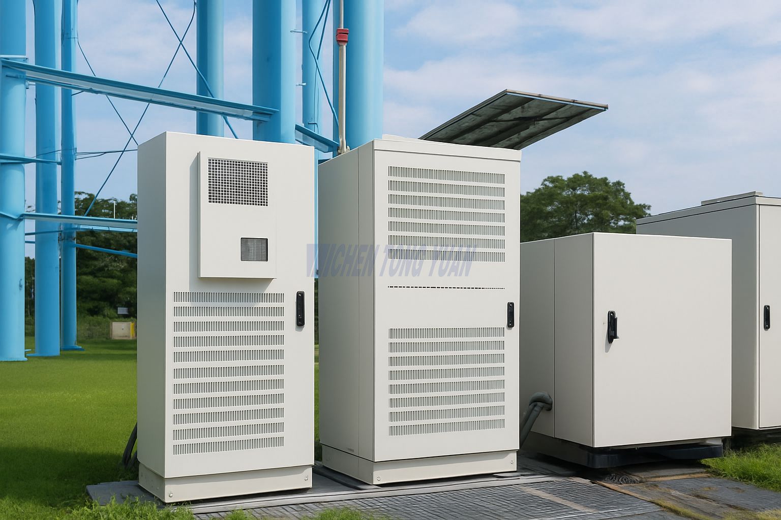 multiple industrial cabinet air conditioner systems installed outdoors for large-scale cabinet cooling projects